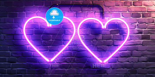 Abstract Neon Background With Two Glowing Hearts Linked Together With One Line - A Purple Neon Lights On A Brick Wall