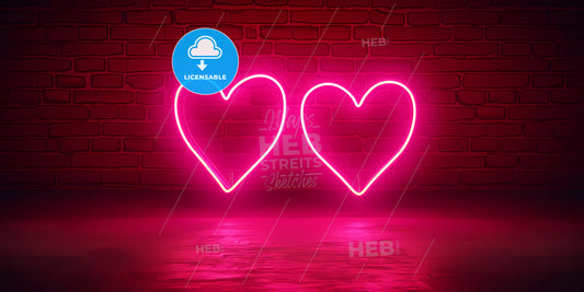 Abstract Neon Background With Two Glowing Hearts Linked Together With One Line - Two Pink Neon Hearts On A Brick Wall