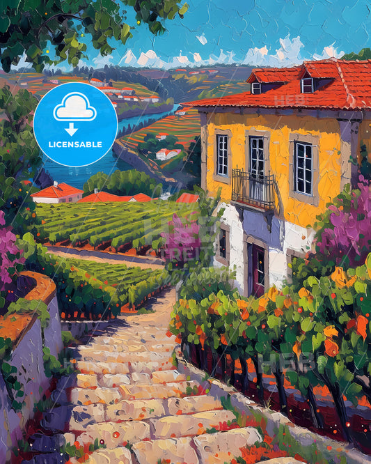 Douro Valley, Portugal - A Painting Of A House And A River