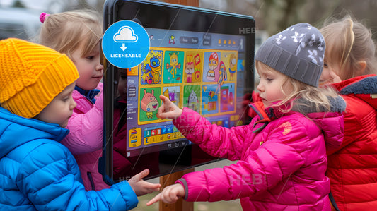On The Billboard, A Poster Of A Cartoon Toy Catches The Eyes Of Children, Who Point Excitedly - A Two Girls Playing With A Touch Screen