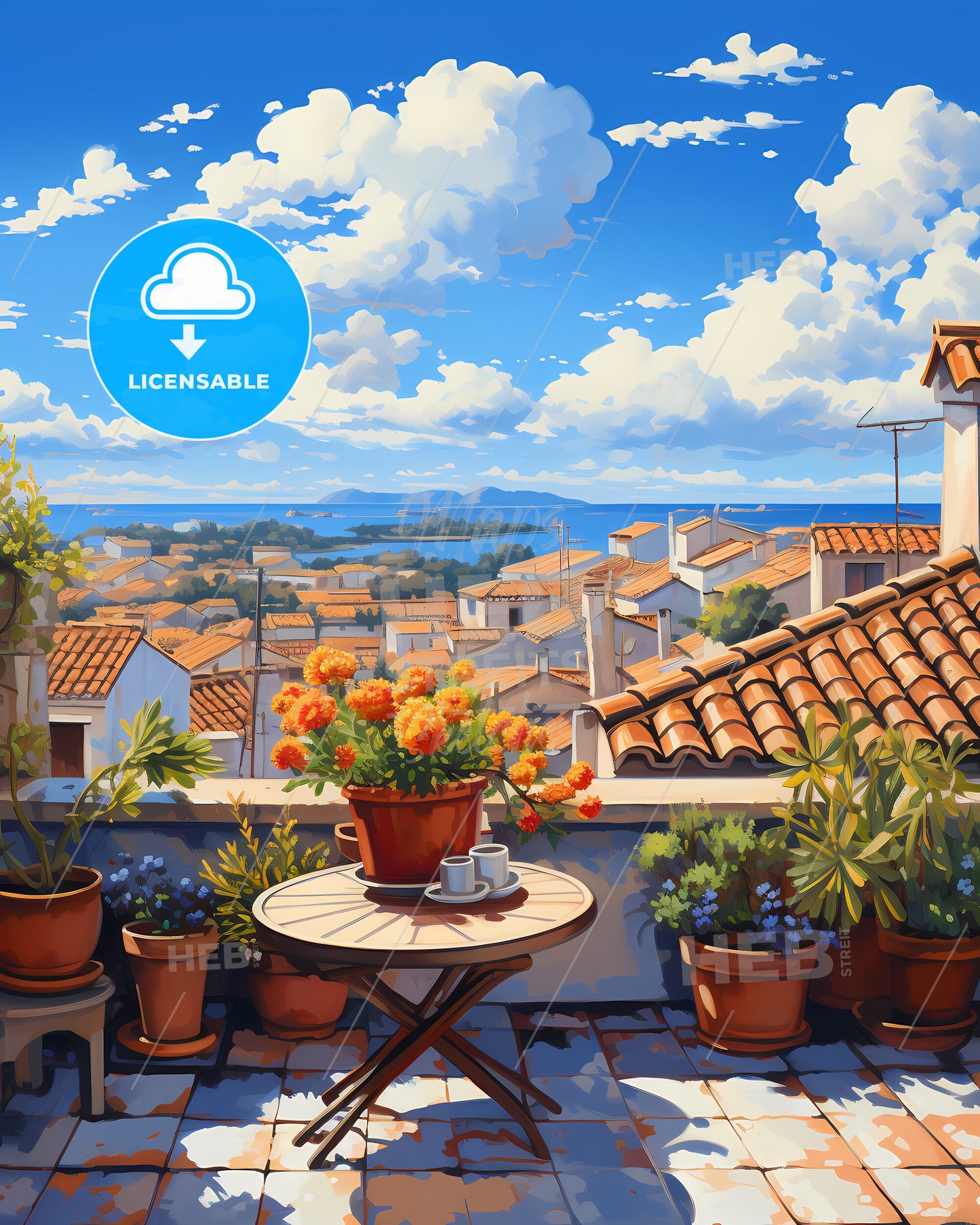 On The Roof Of Ré Island, France - A Table With Flowers On It And A Rooftop With A View Of The Sea And Blue Sky