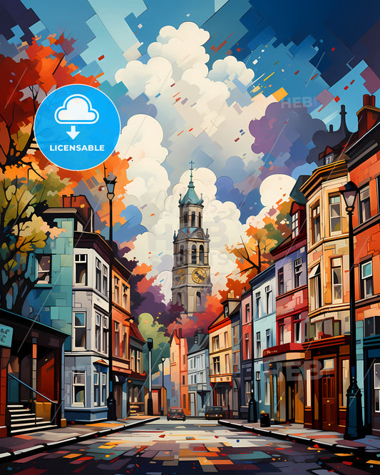 London, Uk - A Street With A Clock Tower In The Background