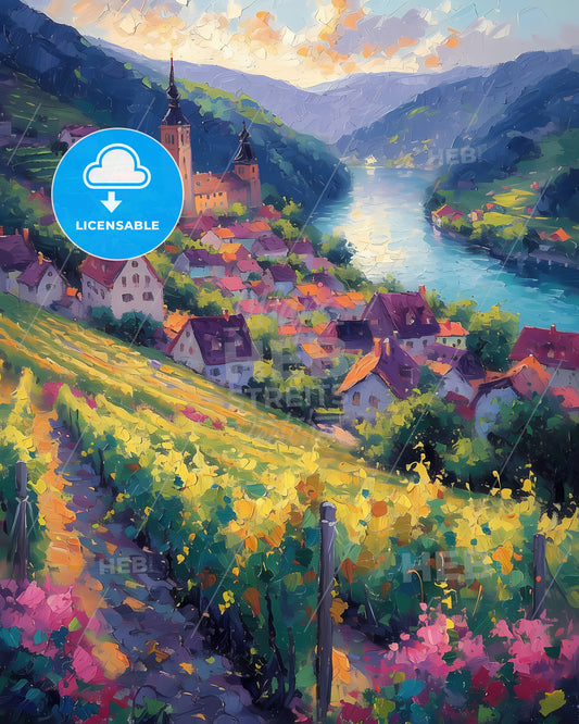Mosel, Germany - A Painting Of A Town By A River