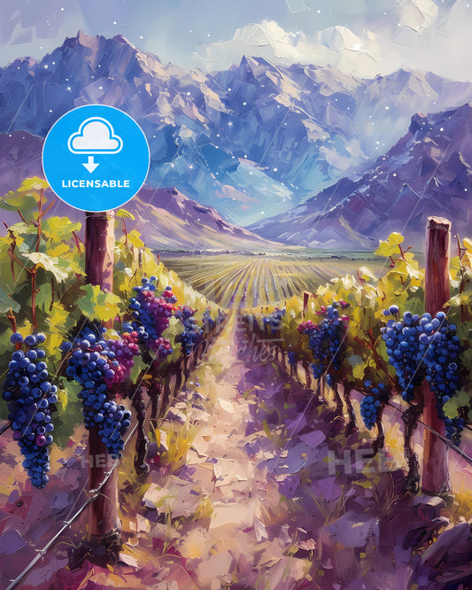 Mendoza, Argentina - A Painting Of A Vineyard With Mountains In The Background