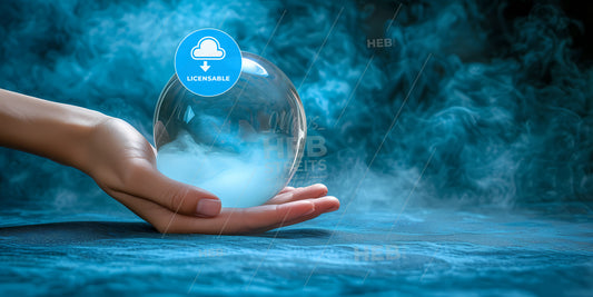 Abstract Metallic Arm Holds Glass Sphere With Inner Light, Isolated On Dark Blue Background - A Hand Holding A Clear Ball