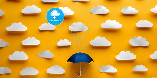 White Clouds And Blue Umbrella, Isolated On Yellow Background - A Blue Umbrella Surrounded By White Clouds
