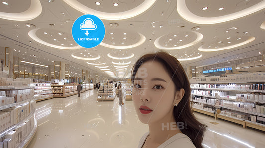 On The Billboard Of A Large Supermarket, New Beauty Clothes And Fashion Styles Are Displayed - A Woman In A Store