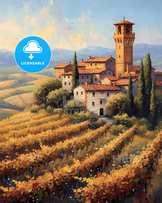 Tuscany, Italy - A Painting Of A Castle In A Vineyard