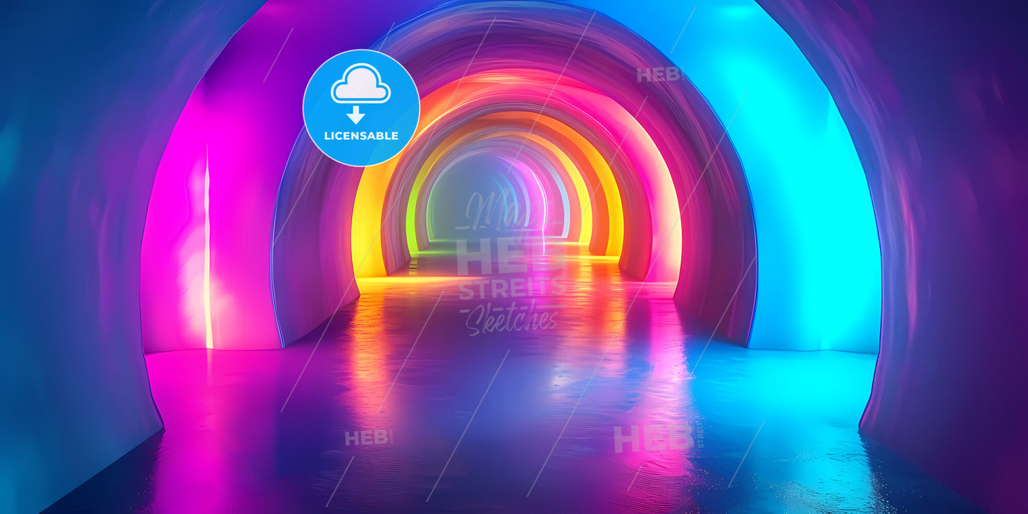 Abstract Panoramic Background Of Curvy Dynamic Neon Lines Glowing In The Dark Room With Floor Reflection - A Colorful Tunnel With Lights