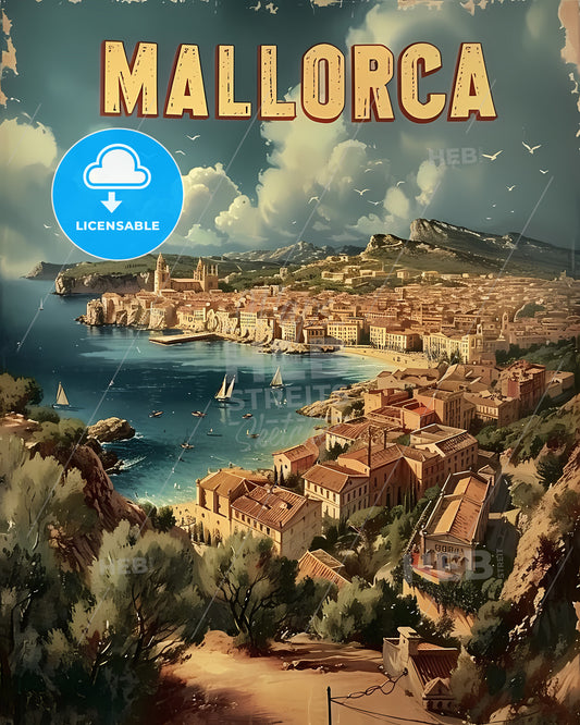 Mallorca Spain Poster With Text Mallorca In A Beautiful Matching Font - A Poster Of A Town On The Water