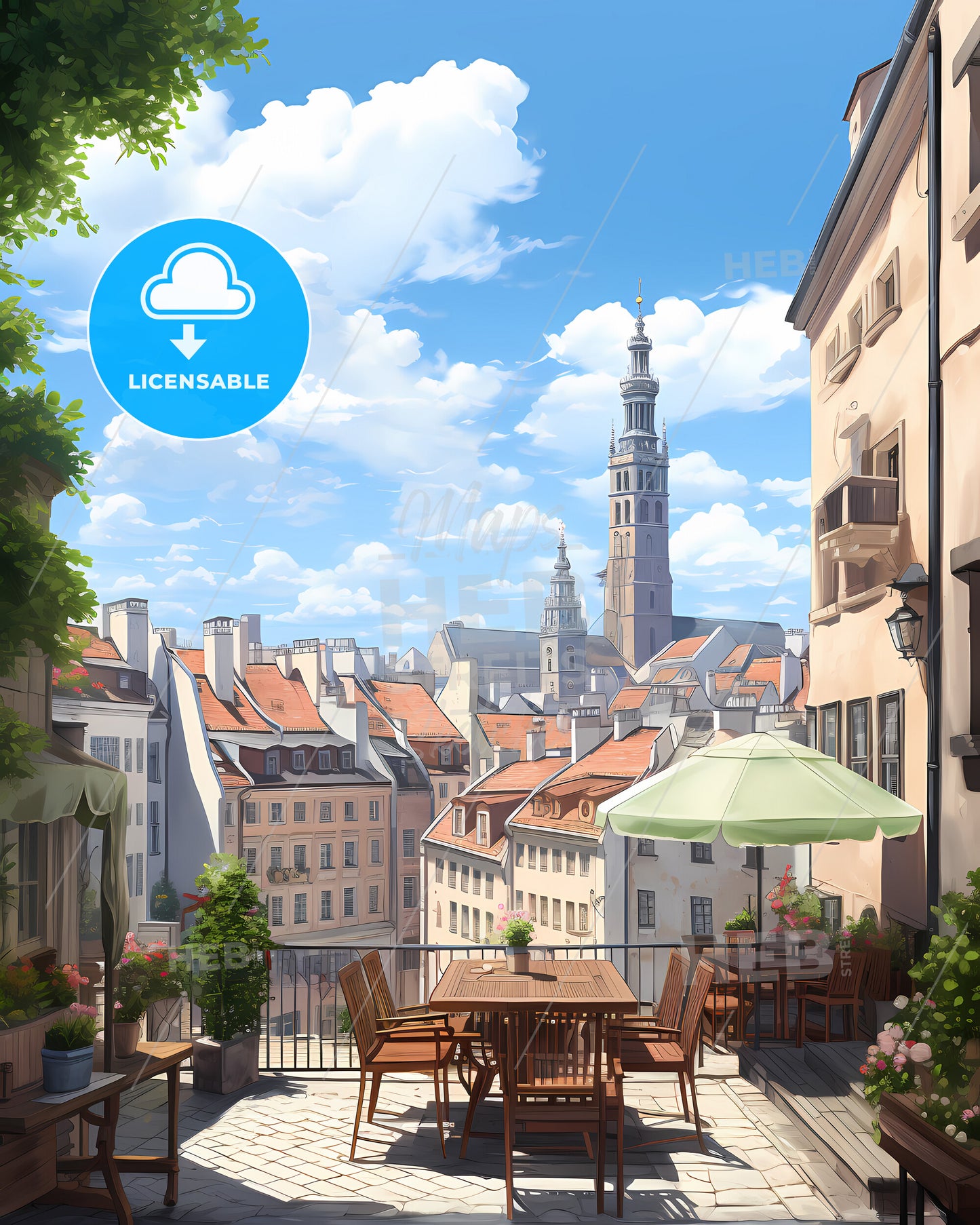 Krakow, Poland - A Patio With A Table And Chairs And A Large Tower In The Background