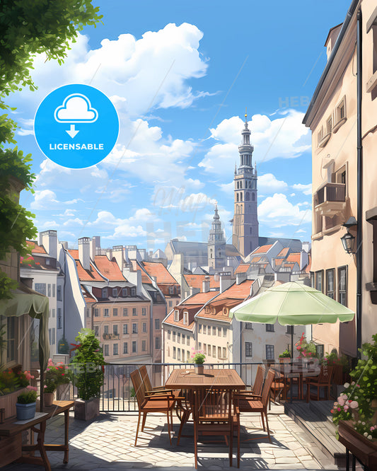 Krakow, Poland - A Patio With A Table And Chairs And A Large Tower In The Background