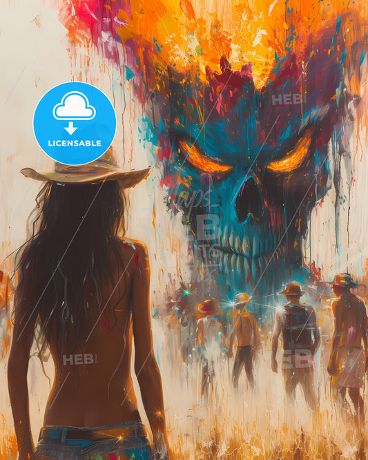 Burning Man - A Painting Of A Woman In A Cowboy Hat Looking At A Large Skull