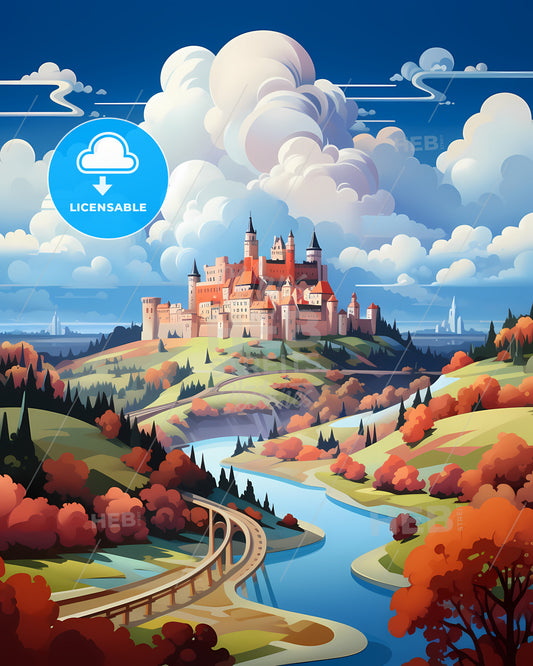 Krakow, Poland - A Castle On A Hill With A River And Trees