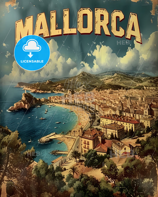 Mallorca Spain Poster With Text Mallorca In A Beautiful Matching Font - A Poster Of A City And A Beach