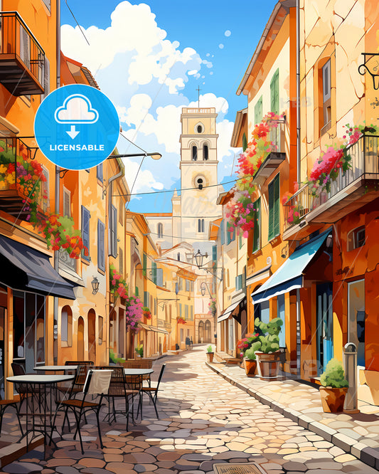 Aix-En-Provence, France - A Street With Tables And Chairs And A Tower