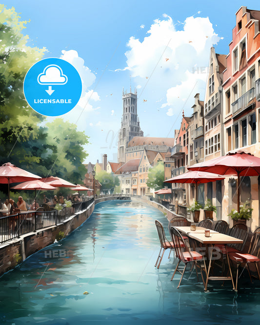 Utrecht, Netherlands - A Water Canal With Tables And Umbrellas