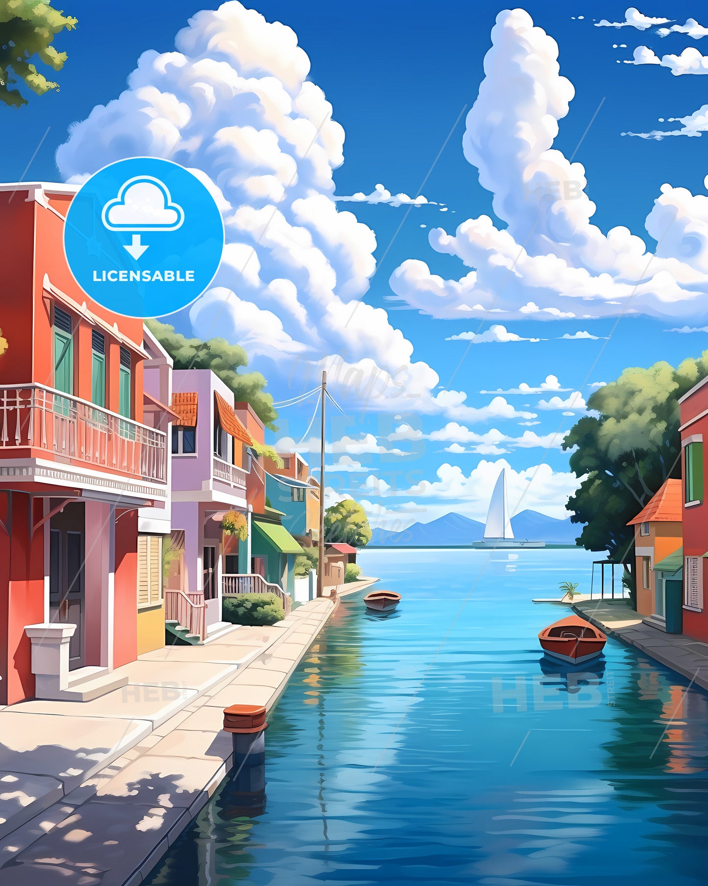 Maldives, Republic Of Maldives - A Water Way With A Row Of Houses And A Boat