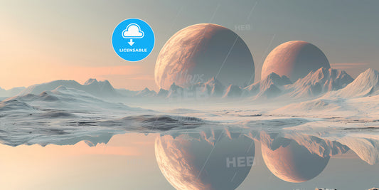 Surreal Panoramic Background - A Landscape With Mountains And A Reflection Of Two Spheres