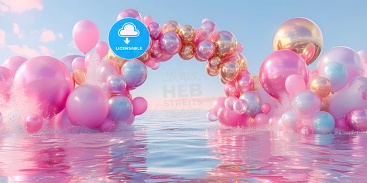 Abstract Modern Minimal Background With Golden Arch Between The Pink Blue - A Pink And Gold Balloons Over Water