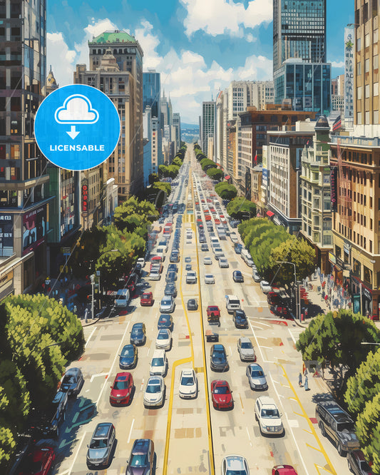Poster Of San Francisco - A City Street With Many Cars And Buildings