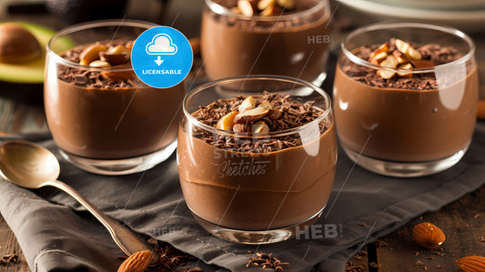 Nutritious Plant-Based Smoothie With Almonds, Chocolate, And Avocado - A Group Of Glasses With Chocolate Mousse And Nuts