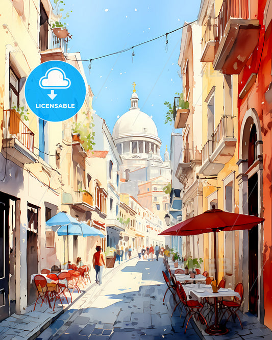 Odessa, Ukraine - A Street With Tables And Chairs In Front Of A Dome