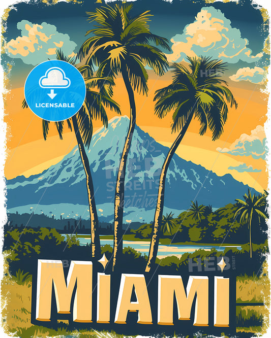 Poster With Bottom Text Miami In Bold Font - A Poster Of A Beach With Palm Trees And A Mountain In The Background