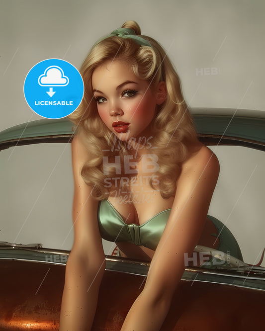 The Vintage Pin Up Girl Leaning On A Car - A Woman In A Garment Leaning On A Car