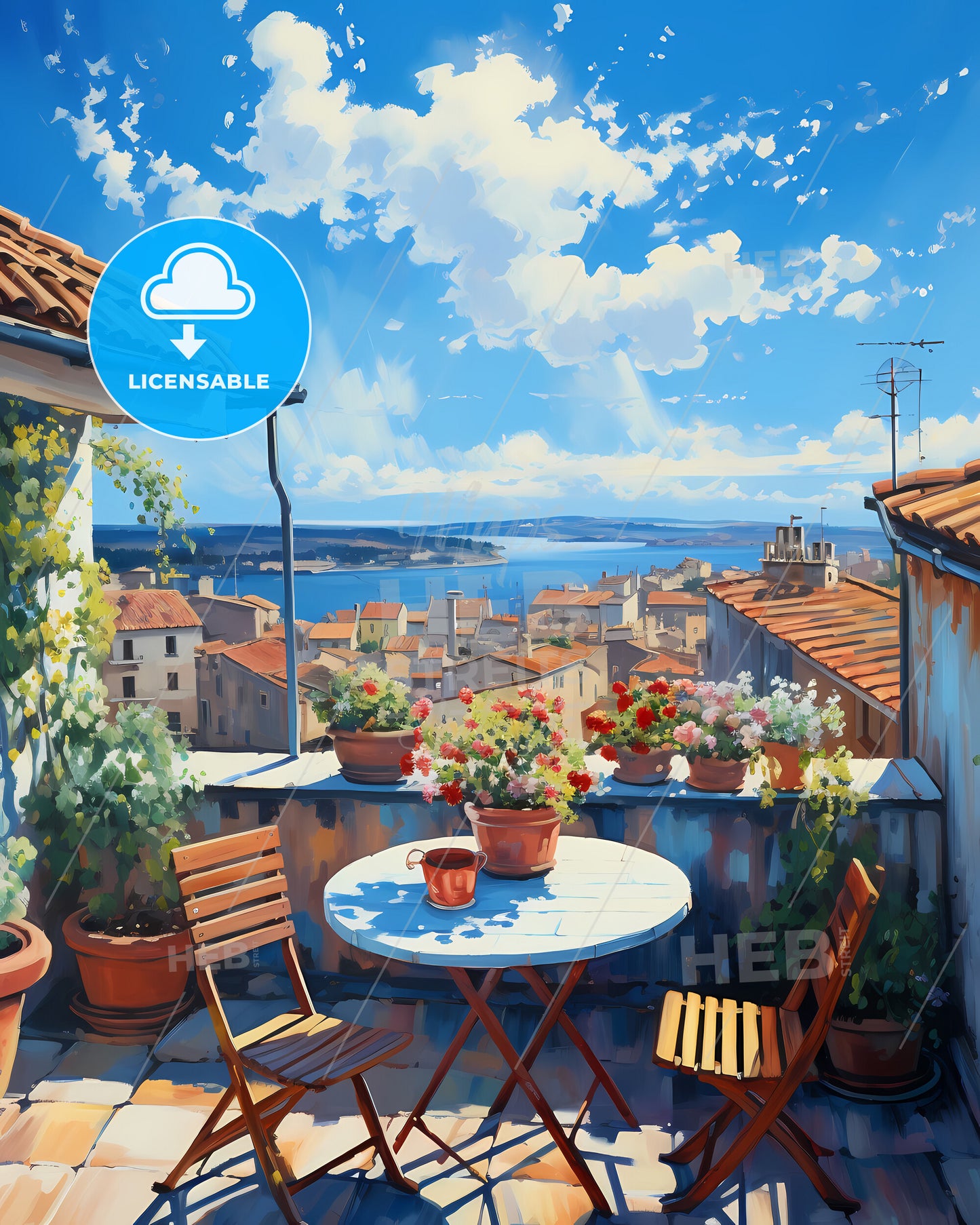 On The Roof Of Ré Island, France - A Table And Chairs On A Rooftop Overlooking A City