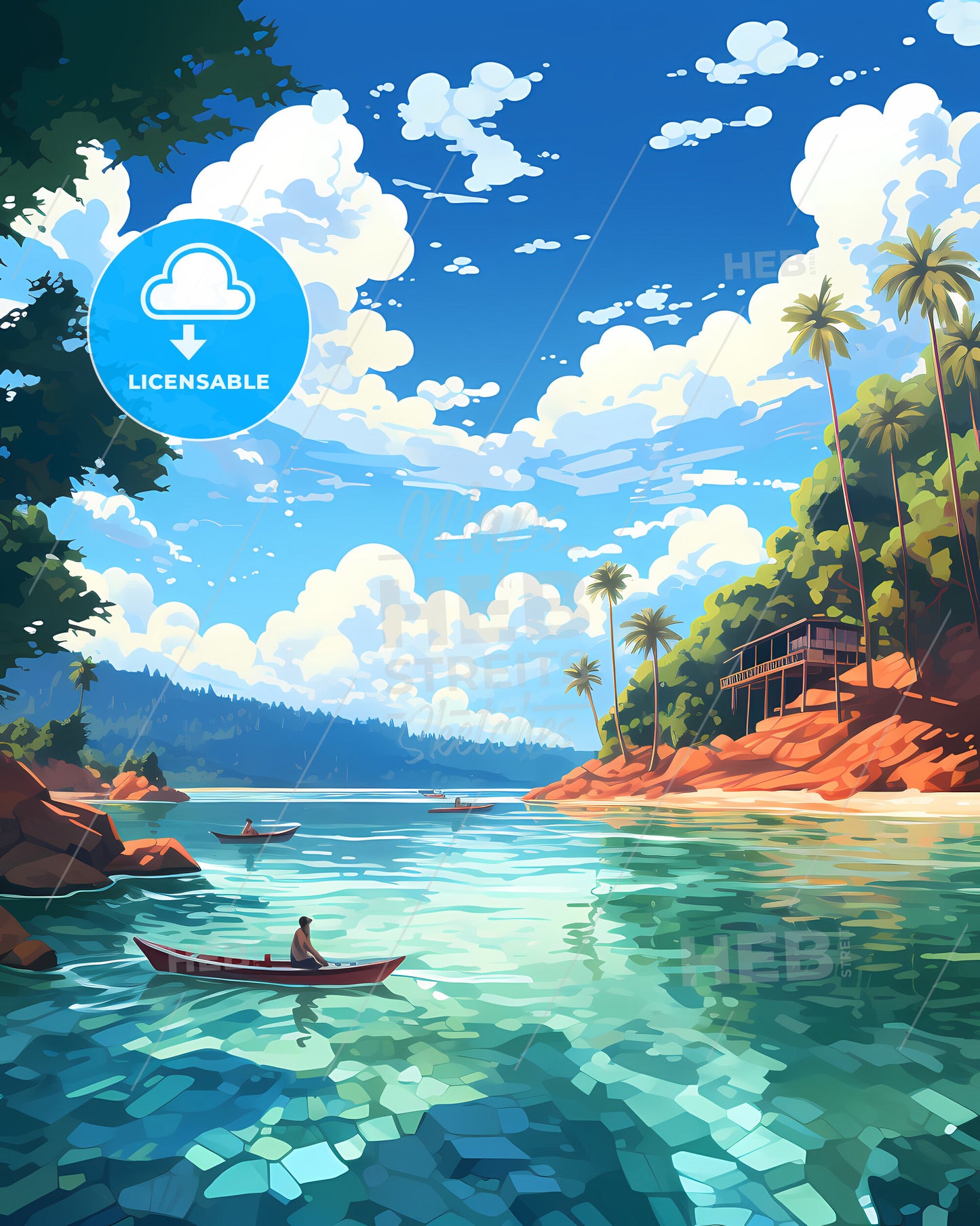 Perhentian Islands, Malaysia - A Painting Of A Lake With A Couple Of Boats On It