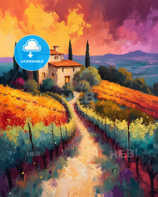Sicily, Italy - A Painting Of A House In A Vineyard