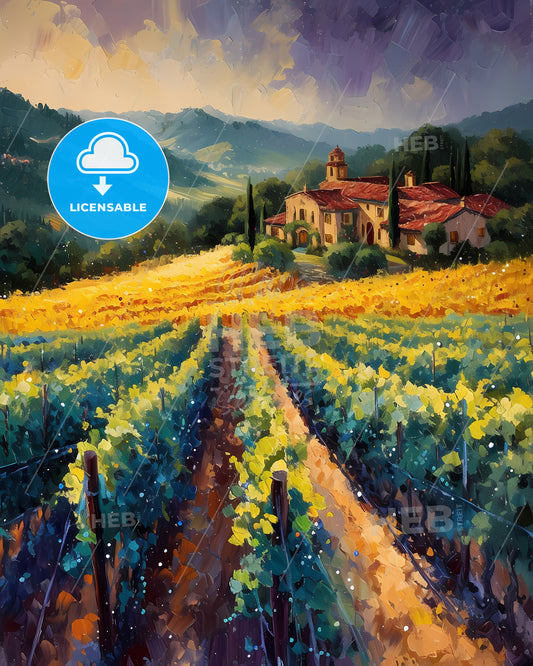 Napa Valley, Usa - A Painting Of A House In A Vineyard