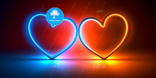 Abstract Neon Background With Two Glowing Hearts Linked Together With One Line - Two Neon Hearts With A Red And Blue Light