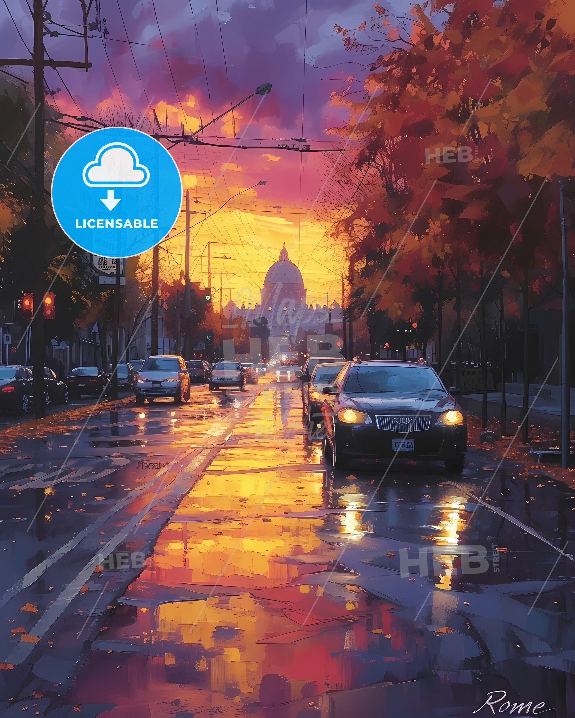 Poster Of Rome - A Road With Cars And Trees In The Background ...