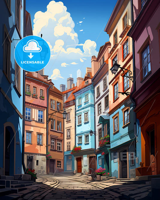 Warsaw, Poland - A Street With Buildings And A Bicycle