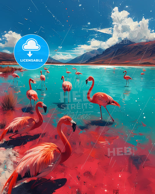 Laguna Colorada, Bolivia - A Group Of Flamingos In A Lake