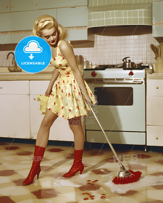 A Housewife In A Beautiful Outfit Is Cleaning And She Is Happy, Her Face Is Very Beautiful - A Woman In A Dress Sweeping The Floor