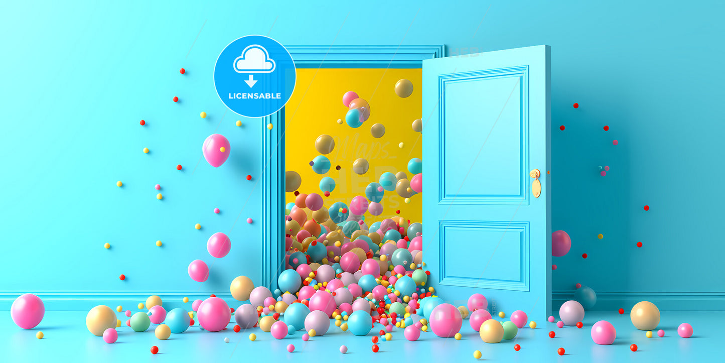 A Blue Door Opens And Many Little Multicolored Balloons And Balls Fall Out - A Door With Colorful Balls Falling Out Of It