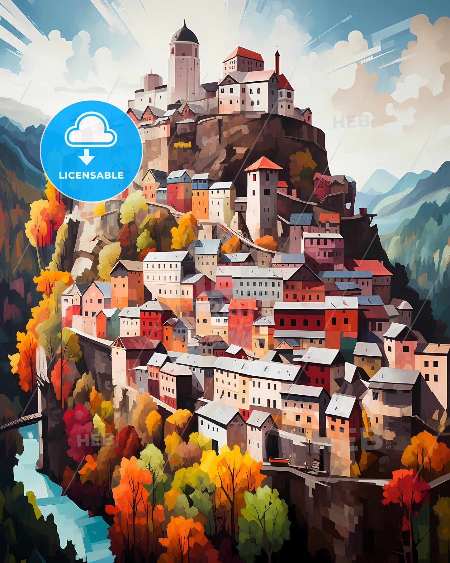 Vaduz, Liechtenstein - A Painting Of A Town On A Mountain