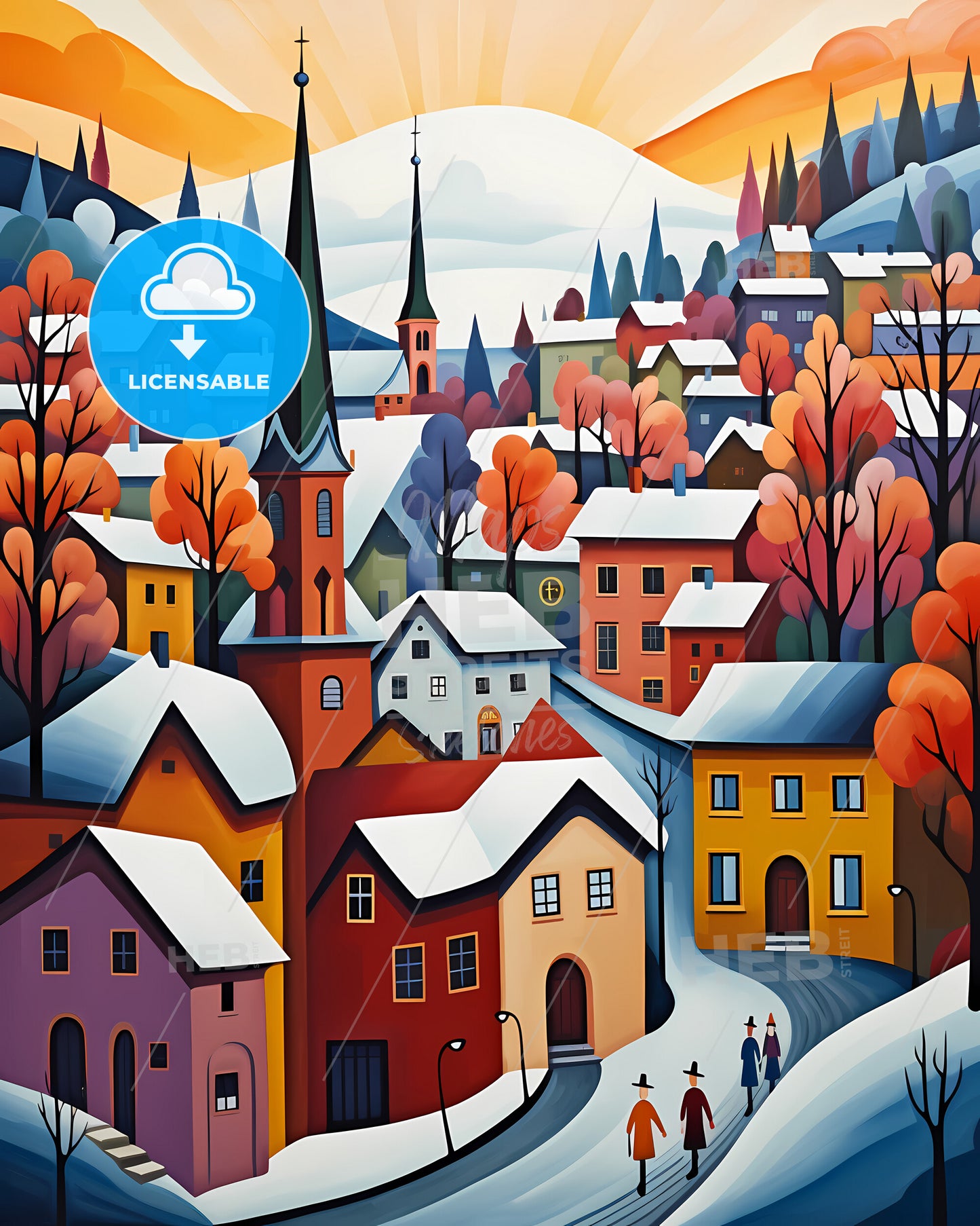 Lausanne, Switzerland - A Painting Of A Town With Snow On The Ground