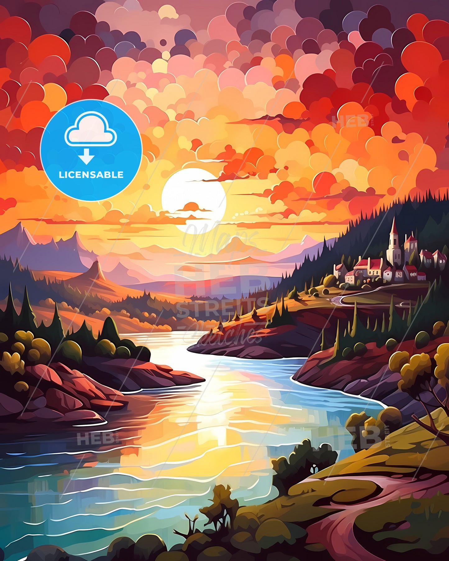 Reunion, France - A Painting Of A River With A Village On The Side