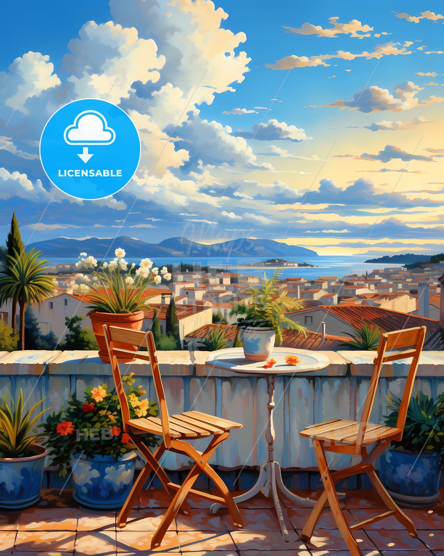 On The Roofs Of Cannes, France - A Table And Chairs On A Balcony Overlooking A City