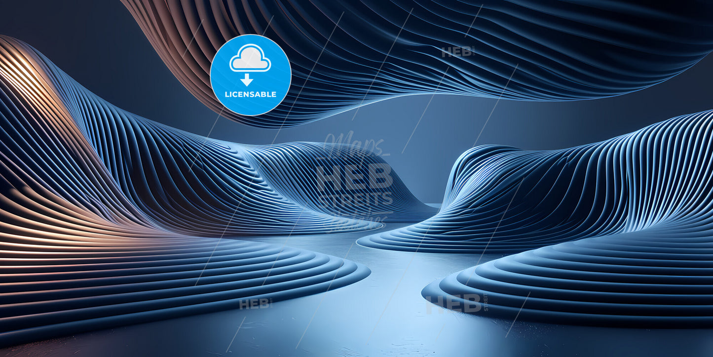 Abstract Panoramic Background Of Twisted Dynamic Blue Neon Lines Glowing In The Dark Room With Floor Reflection - A Blue Wavy Lines On A Surface