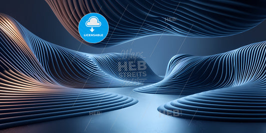 Abstract Panoramic Background Of Twisted Dynamic Blue Neon Lines Glowing In The Dark Room With Floor Reflection - A Blue Wavy Lines On A Surface