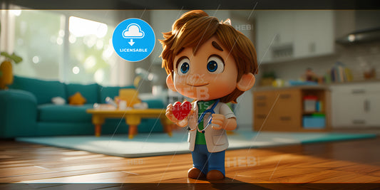 Doctor Cartoon Character Wears Uniform And Stethoscope - A Cartoon Character Holding A Heart