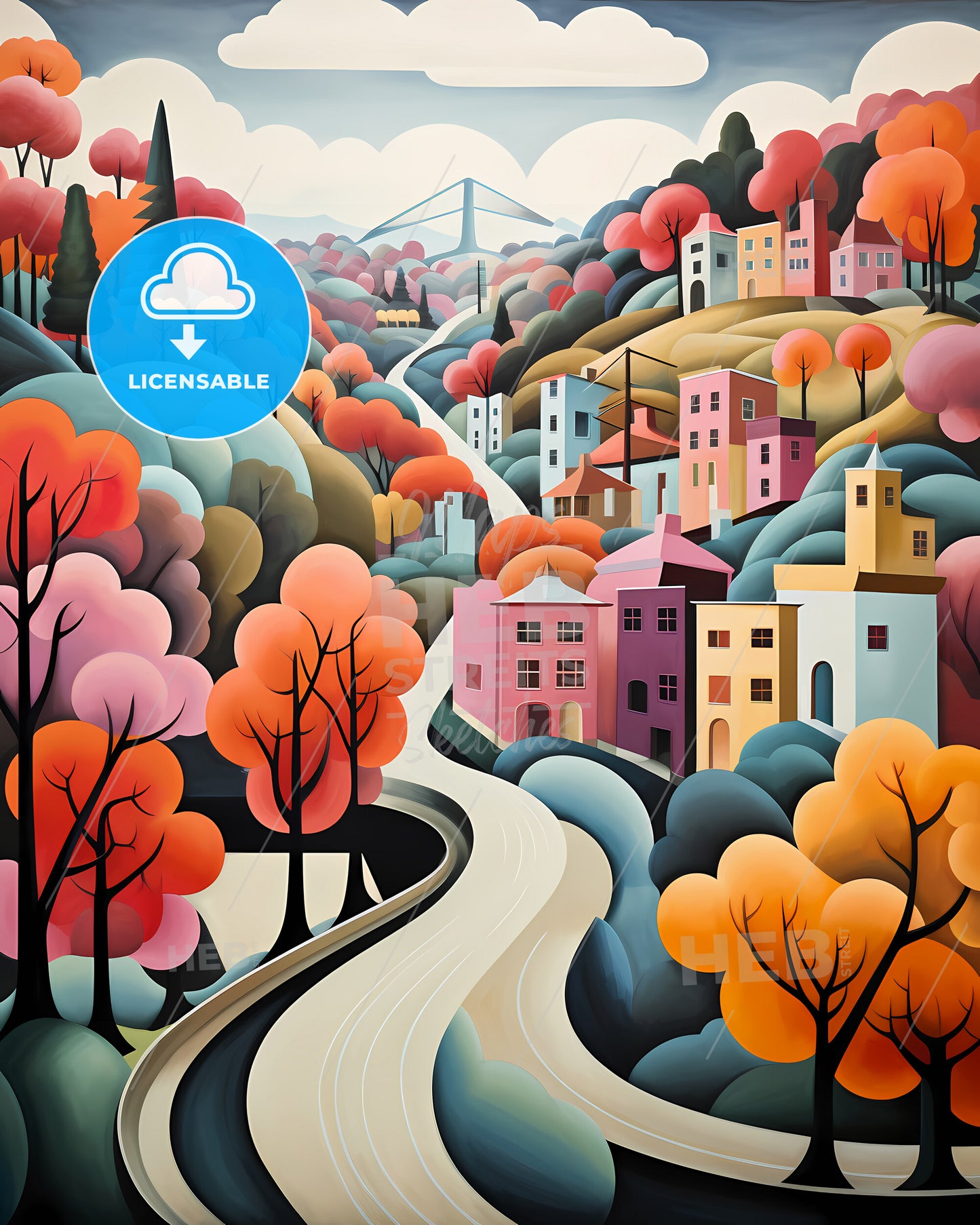 Dortmund, Germany - A Painting Of A Town With Trees And A Road