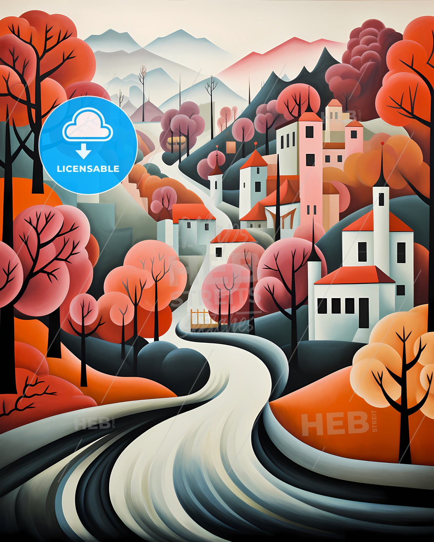 Bochum, Germany - A Painting Of A Town With Trees And A River