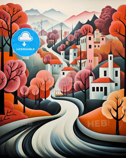 Bochum, Germany - A Painting Of A Town With Trees And A River