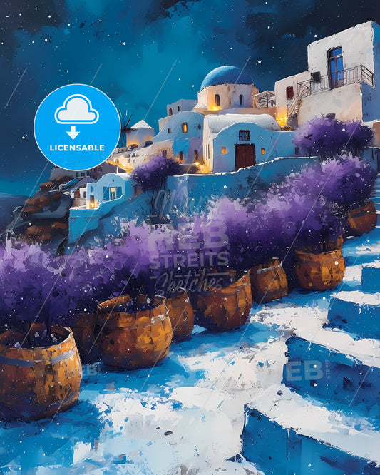 Santorini, Greece - A Painting Of A Village With Purple Flowers